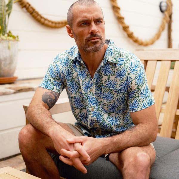 Grayers Bamboo Dobby Printed Short Sleeve Shirt - Blue Green Floral
