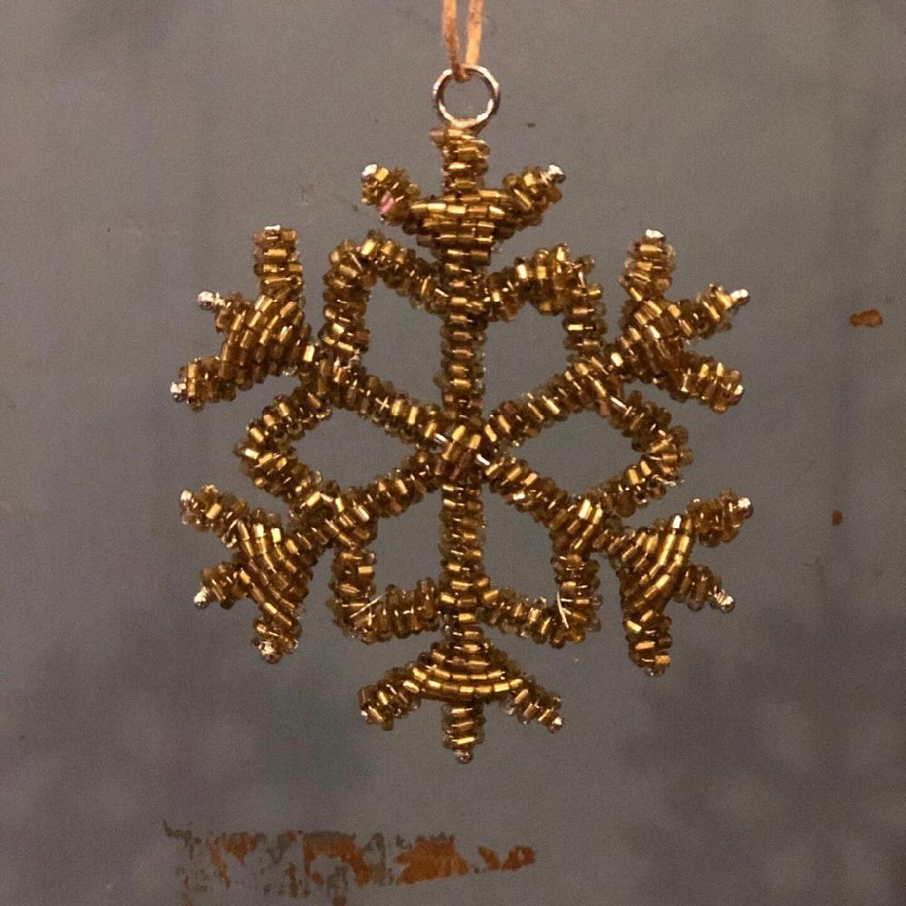 greige Antique Gold Beaded Snowflake Hanging Decoration - Two Sizes