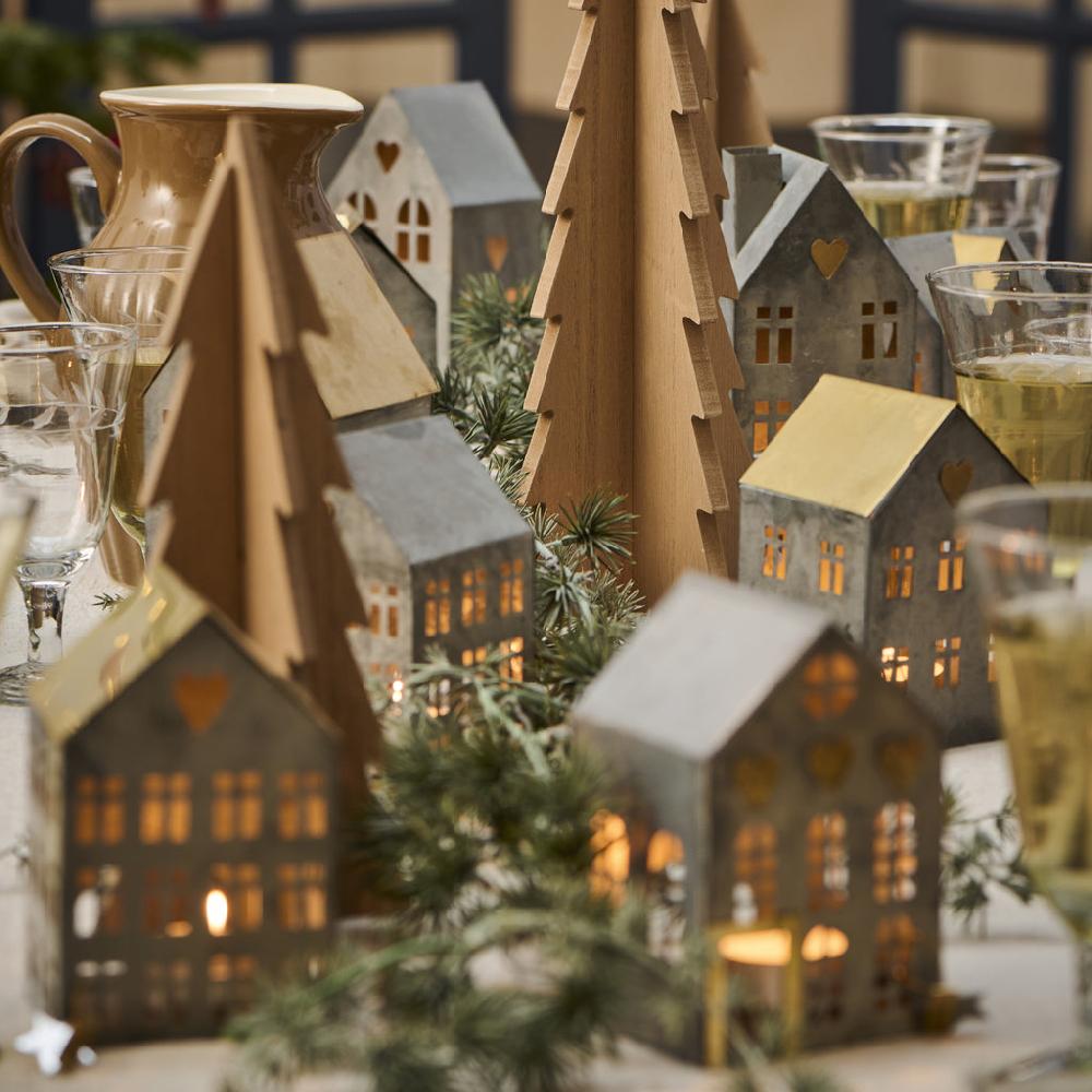 Greige Antique Zinc And Brass Tealight Houses - Small