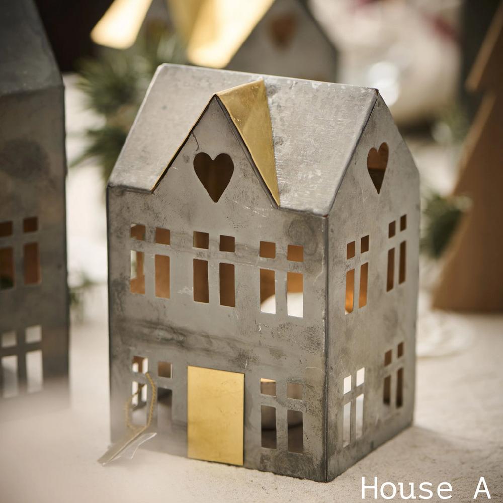 Greige Antique Zinc And Brass Tealight Houses - Small