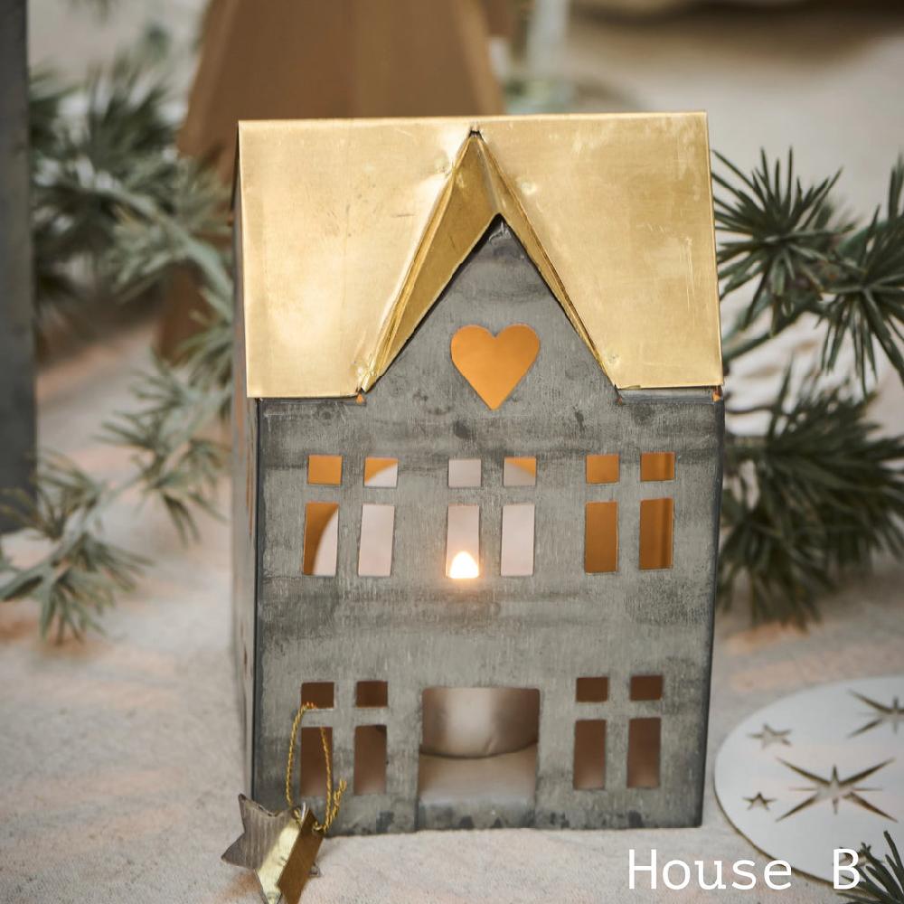 Greige Antique Zinc And Brass Tealight Houses - Small