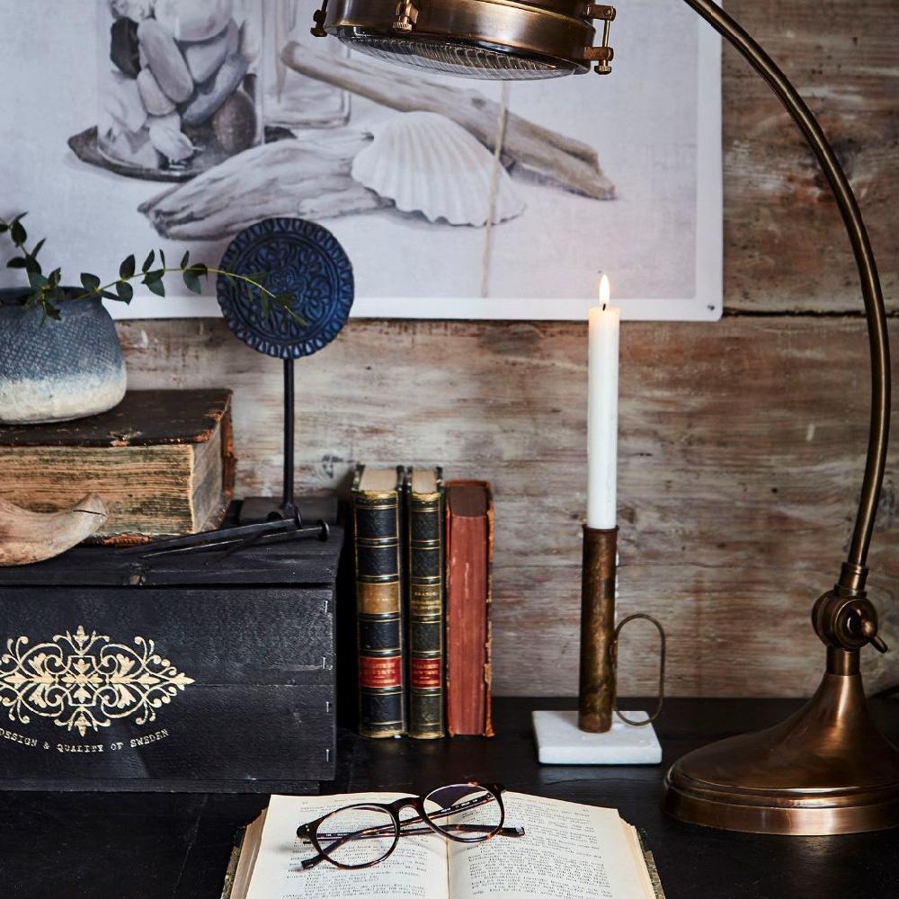 Greige Antiqued Brass And Marble Candle Holder With Handle