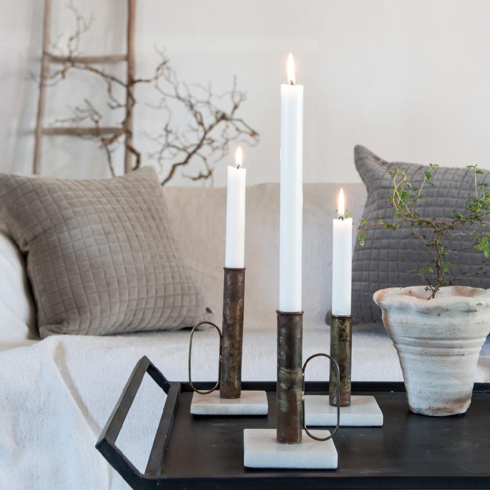 greige Antiqued Brass and Marble Candle Holder with Handle