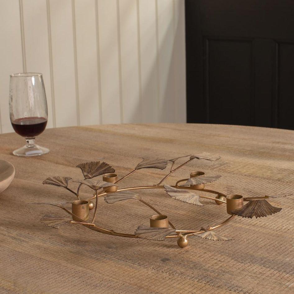 Greige Antiqued Brass Ginkgo Leaf Candle Holder Ring
