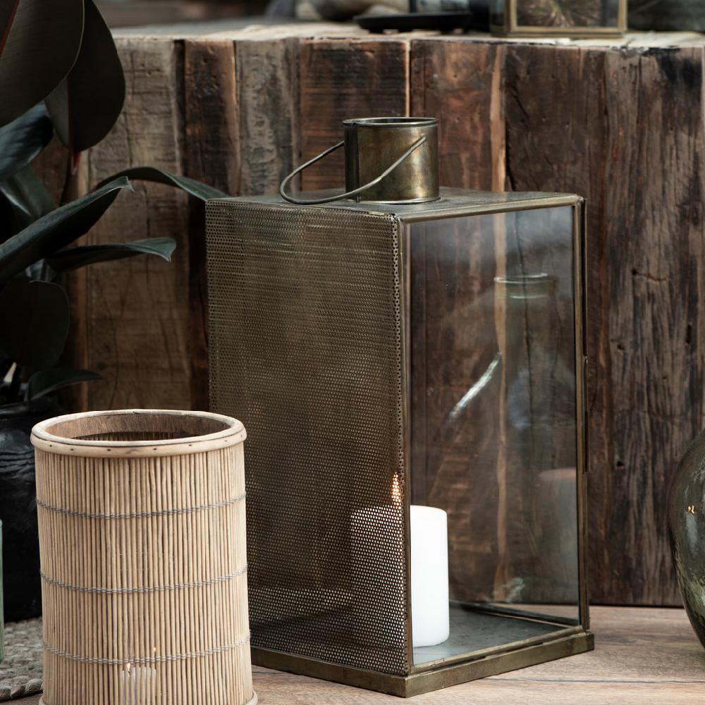 Greige Antiqued Brass Lantern With Punched Metal Side