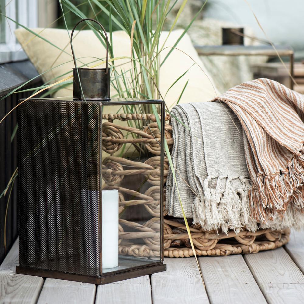 Greige Antiqued Brass Lantern With Punched Metal Side