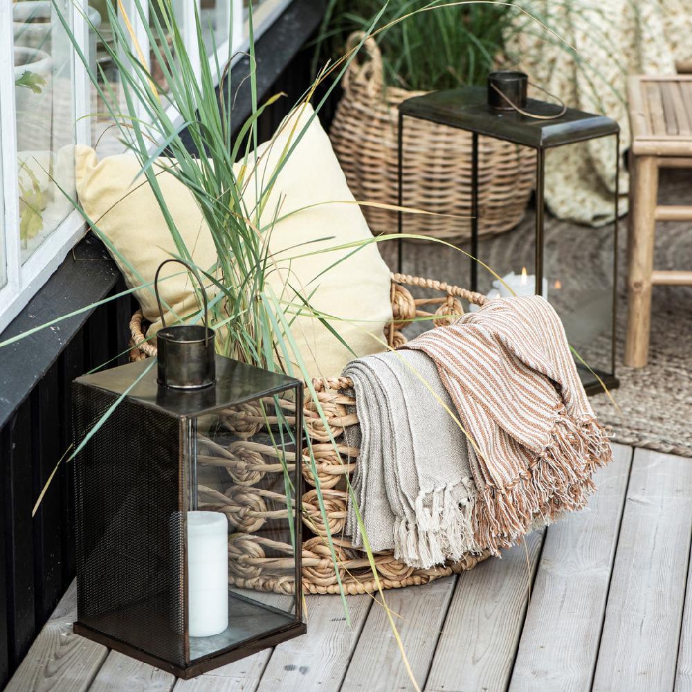 Greige Antiqued Brass Lantern With Punched Metal Side