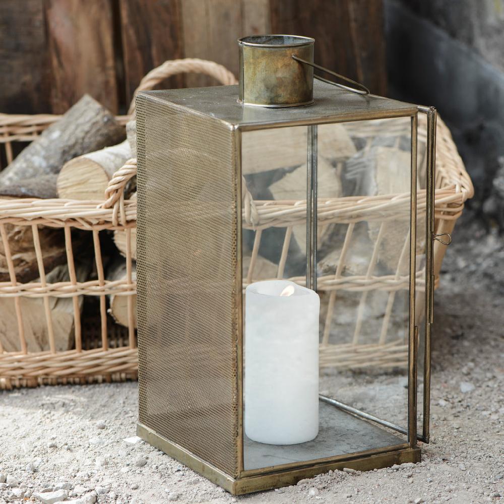 greige Antiqued Brass Lantern with Punched Metal Side