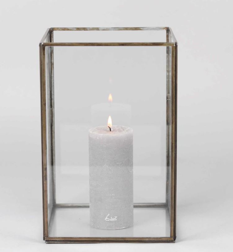 Greige Antiqued Metal & Glass Box Lanterns - Three Sizes