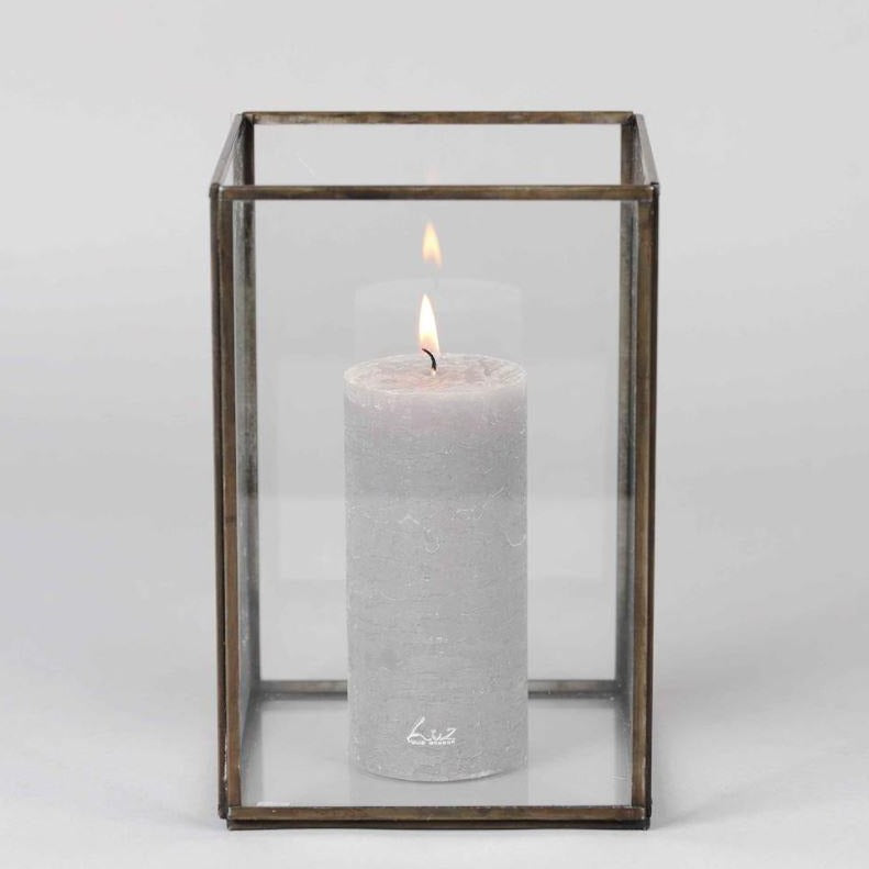 Greige Antiqued Metal & Glass Box Lanterns - Three Sizes