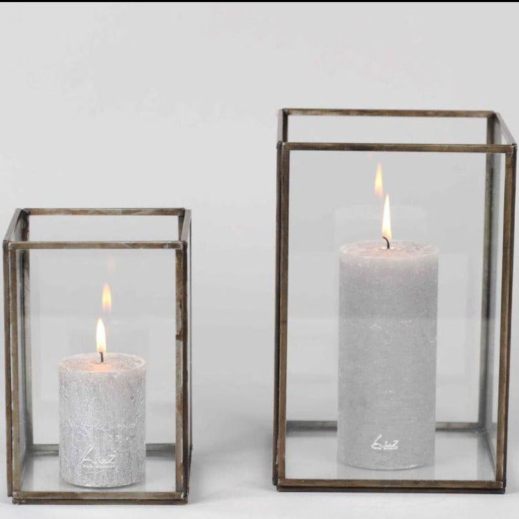 Greige Antiqued Metal & Glass Box Lanterns - Three Sizes