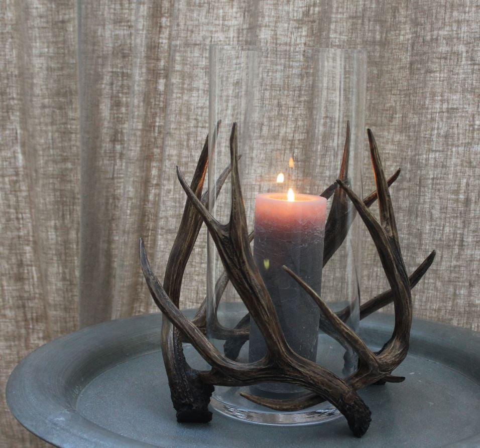 Greige Antler-Wrapped Mouth Blown Glass Hurricane - Two Sizes