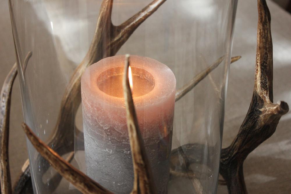 Greige Antler-Wrapped Mouth Blown Glass Hurricane - Two Sizes