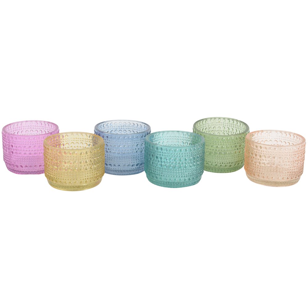Greige Assorted Jewel Coloured Recycled Glass Tealight Holders - Set Of Six