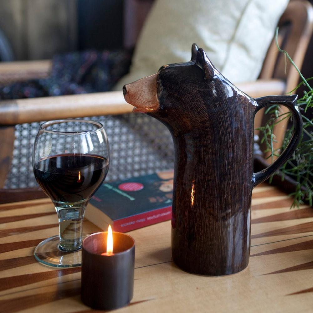 greige Black Bear Water or Wine Jug by Quail Ceramics