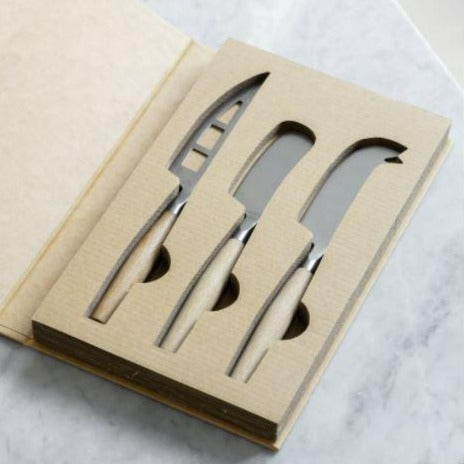 Greige Boxed Set Of Three Cheese Knives With Oak Handles
