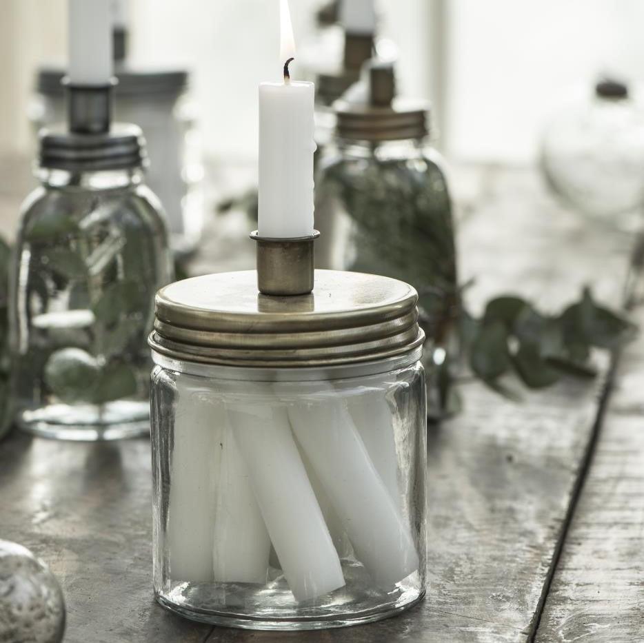 greige Candle-Holder and Storage Jar for Mini Dinner Candles - Antique Brass
