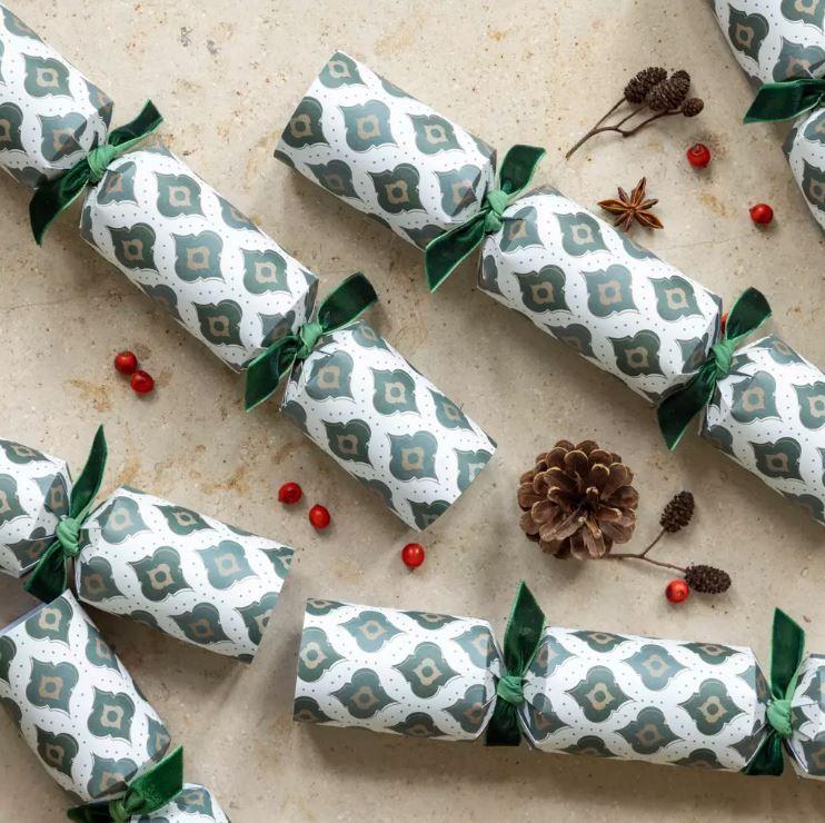 Greige Christmas Crackers Filled With Wooden Tree Decorations