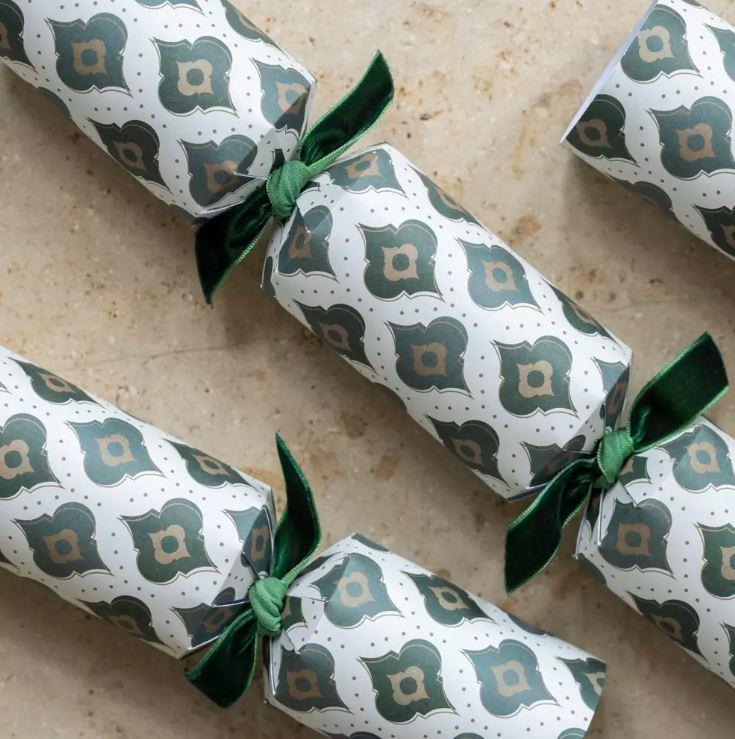 Greige Christmas Crackers Filled With Wooden Tree Decorations