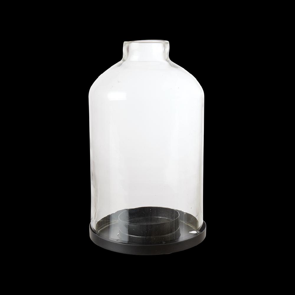 Greige Clear Glass Cloche Tealight Lantern On Metal Plate