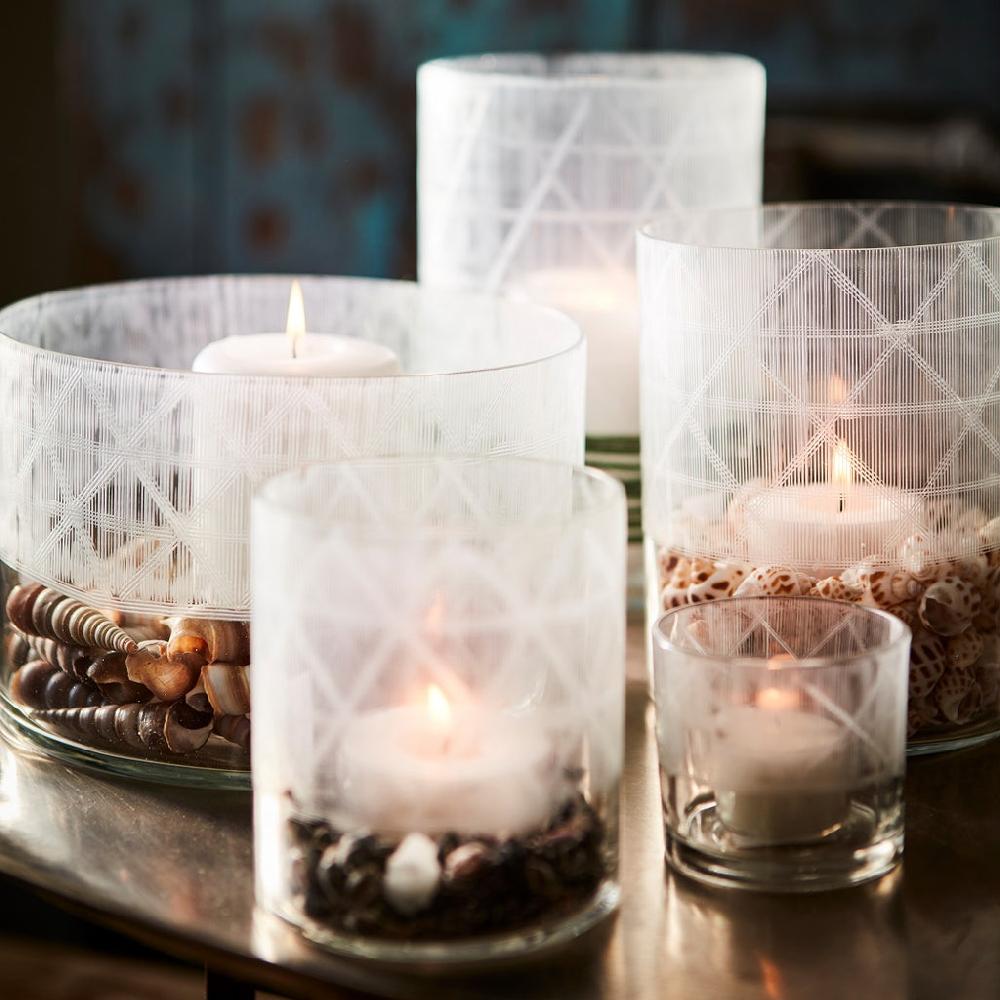 greige Clear Glass Vase or Hurricane with Line Cut Pattern - Three Sizes