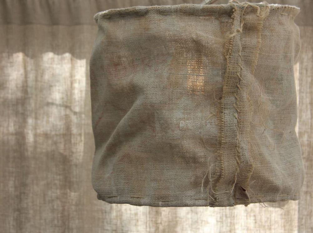 greige Copper Tube and Driftwood Wall Lamp with Rough Linen Sack Shade