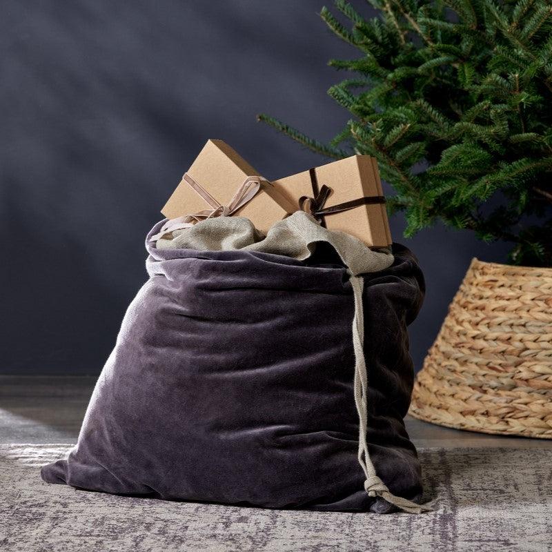 Greige Cotton Velvet And Linen Christmas Sack - Charcoal