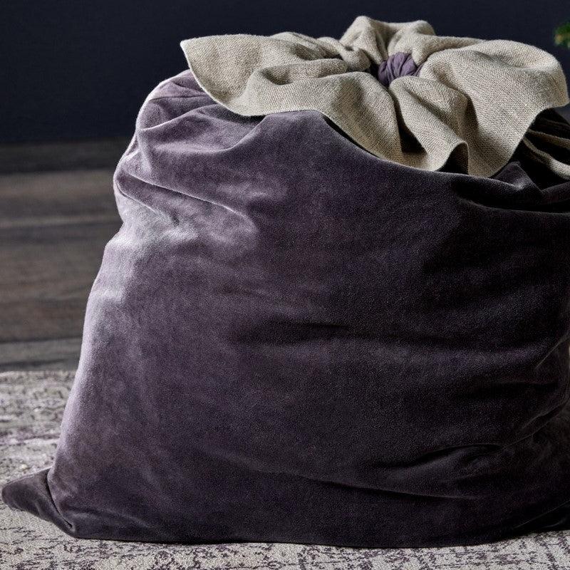 Greige Cotton Velvet And Linen Christmas Sack - Charcoal