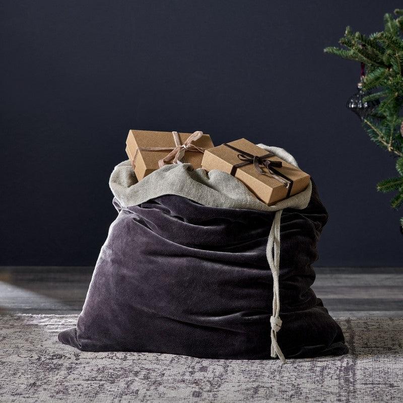 greige Cotton Velvet and Linen Christmas Sack - Charcoal