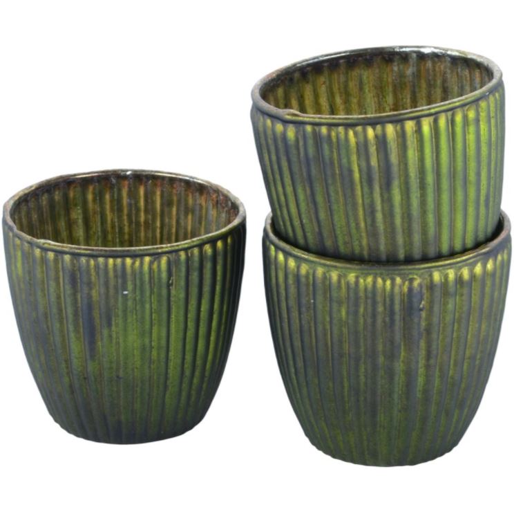 Greige Dark Green Ribbed Glass Tealight Holder - Three Sizes