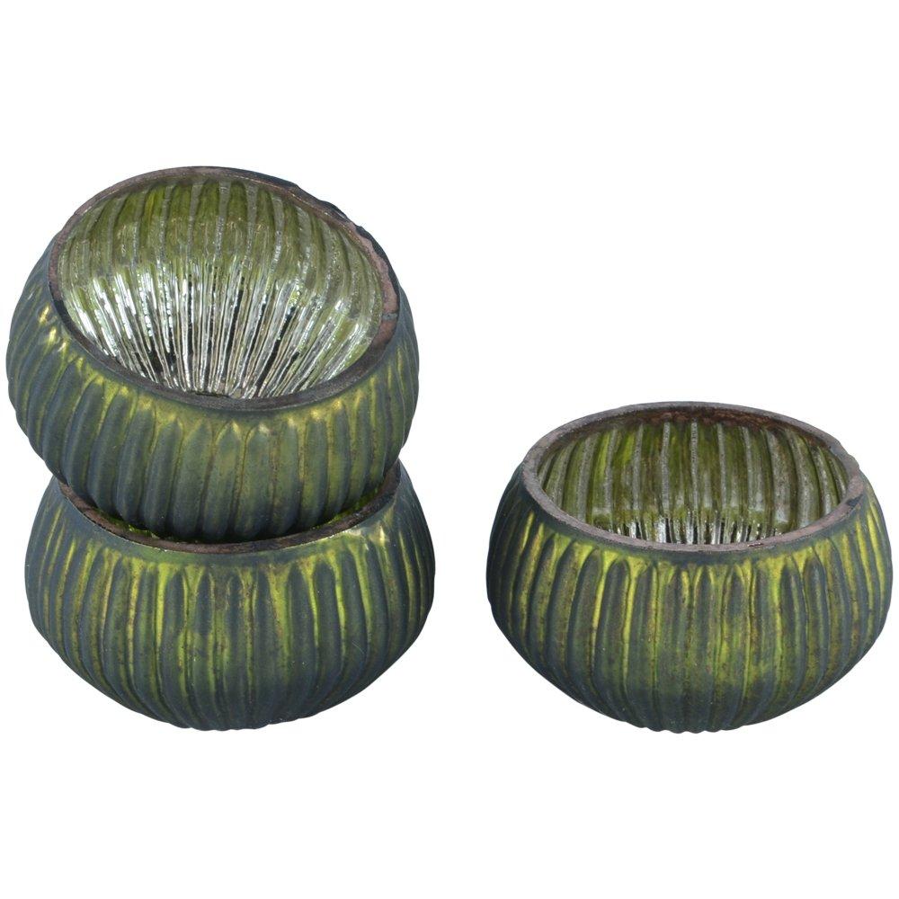 greige Dark Green Ribbed Glass Tealight Holder - Three Sizes