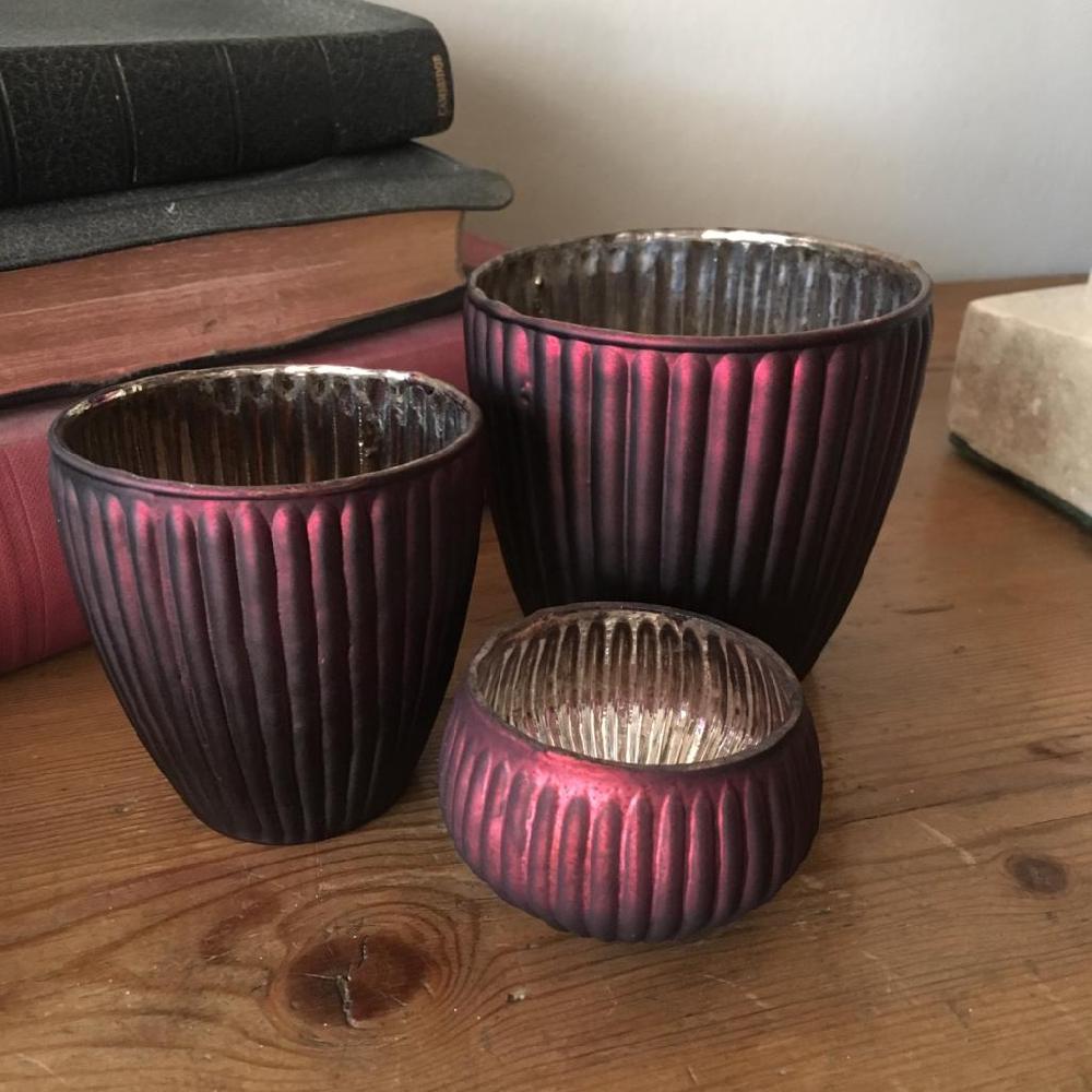Greige Dark Red Ribbed Glass Tealight Holder - Three Sizes