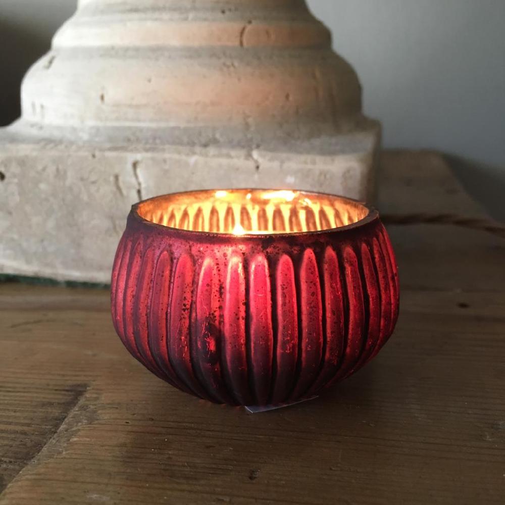 Greige Dark Red Ribbed Glass Tealight Holder - Three Sizes