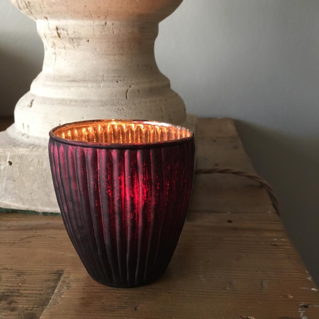 Greige Dark Red Ribbed Glass Tealight Holder - Three Sizes
