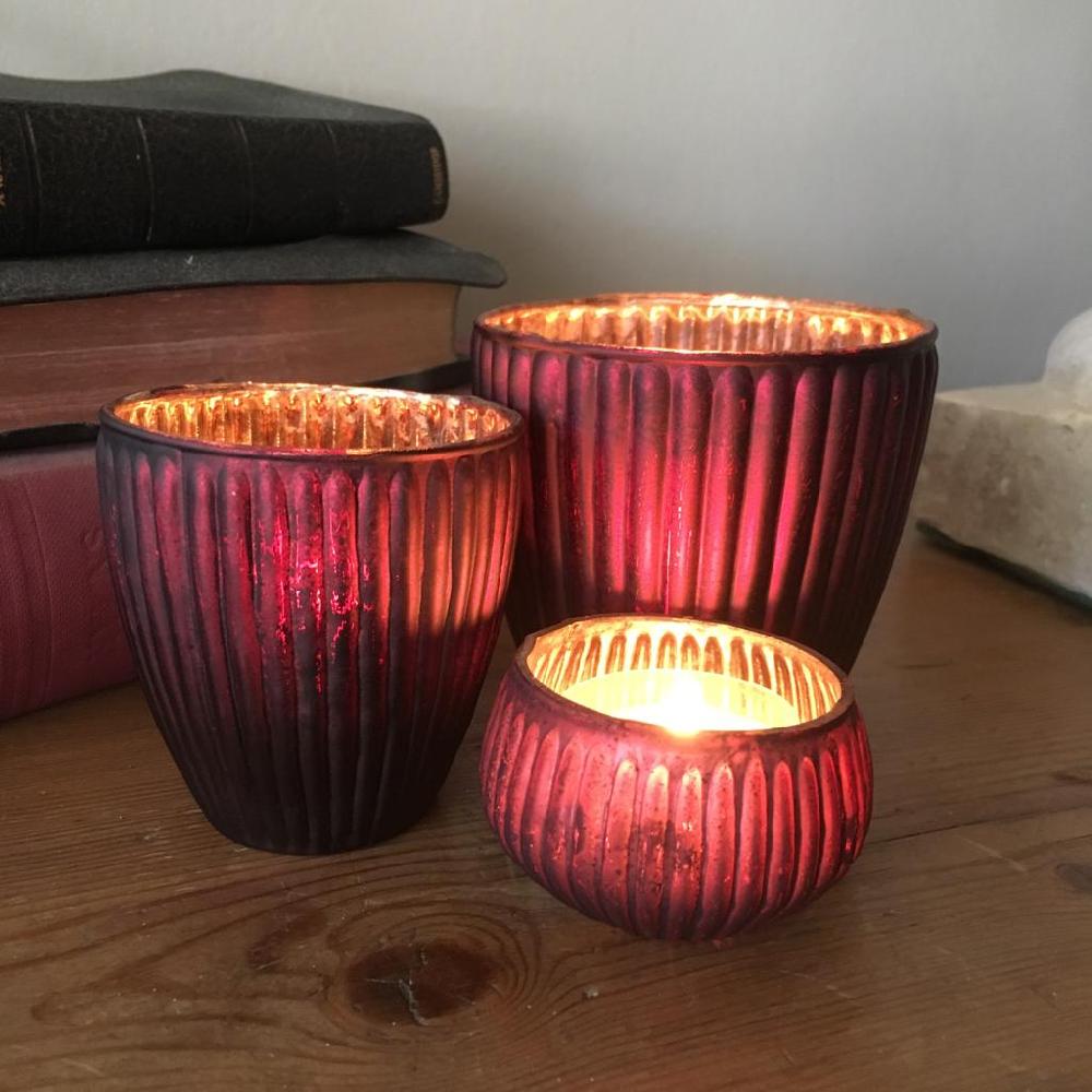 greige Dark Red Ribbed Glass Tealight Holder - Three Sizes