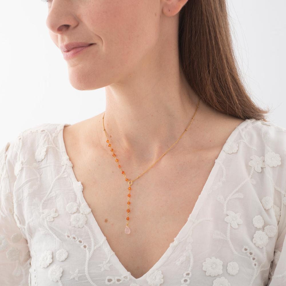 greige Dawn Carnelian & Rose Quartz Gold Coloured Necklace - A Beautiful Story