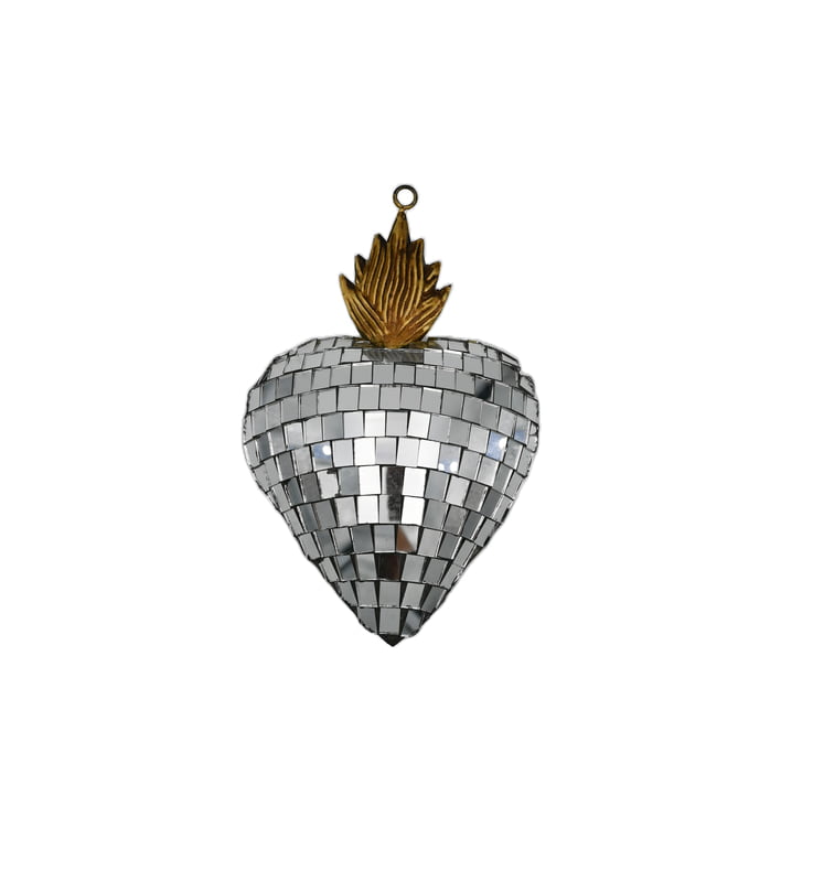 Greige Disco Ball Faceted Mirror Heart Ornament - Small - Boncoeurs