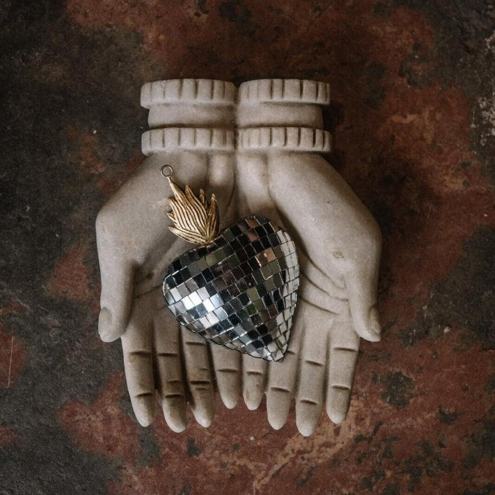 greige Disco Ball Faceted Mirror Heart Ornament - Small - Boncoeurs