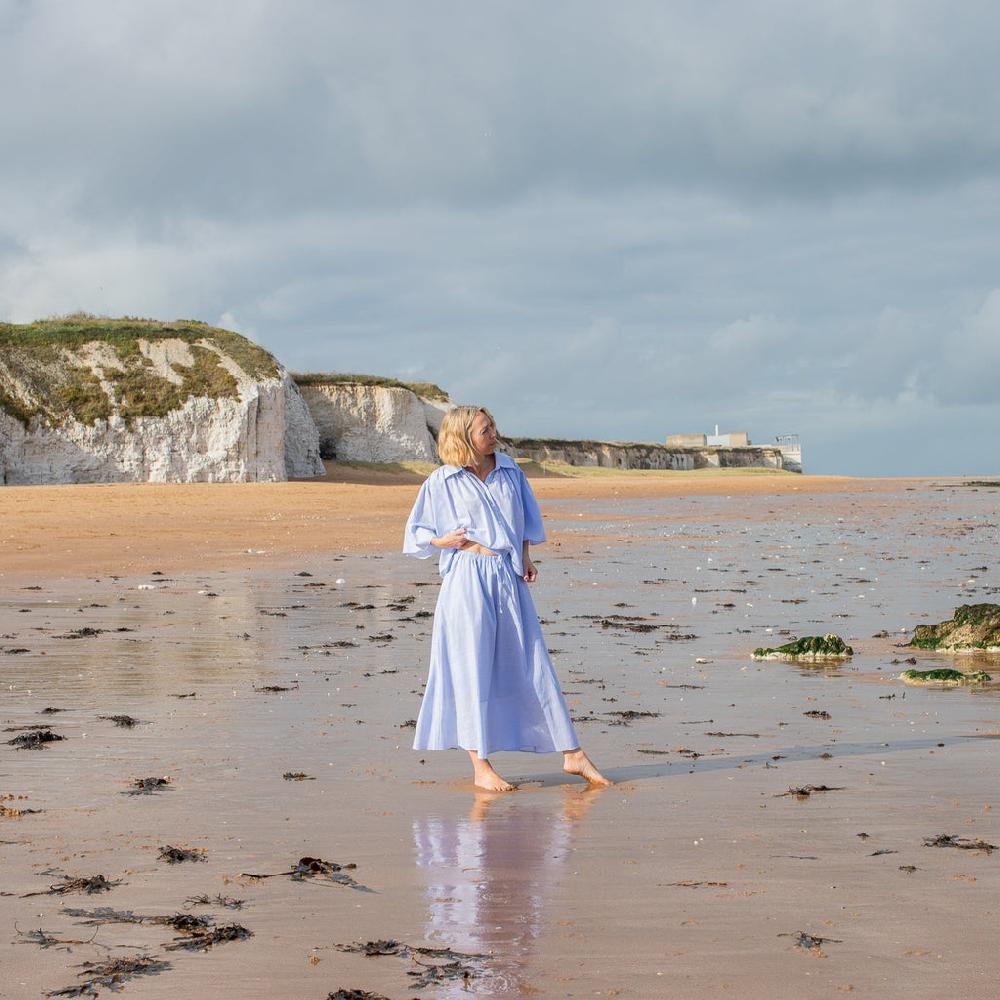 Greige Elva Pure Cotton Skirt From Chalk - Blue Stripe