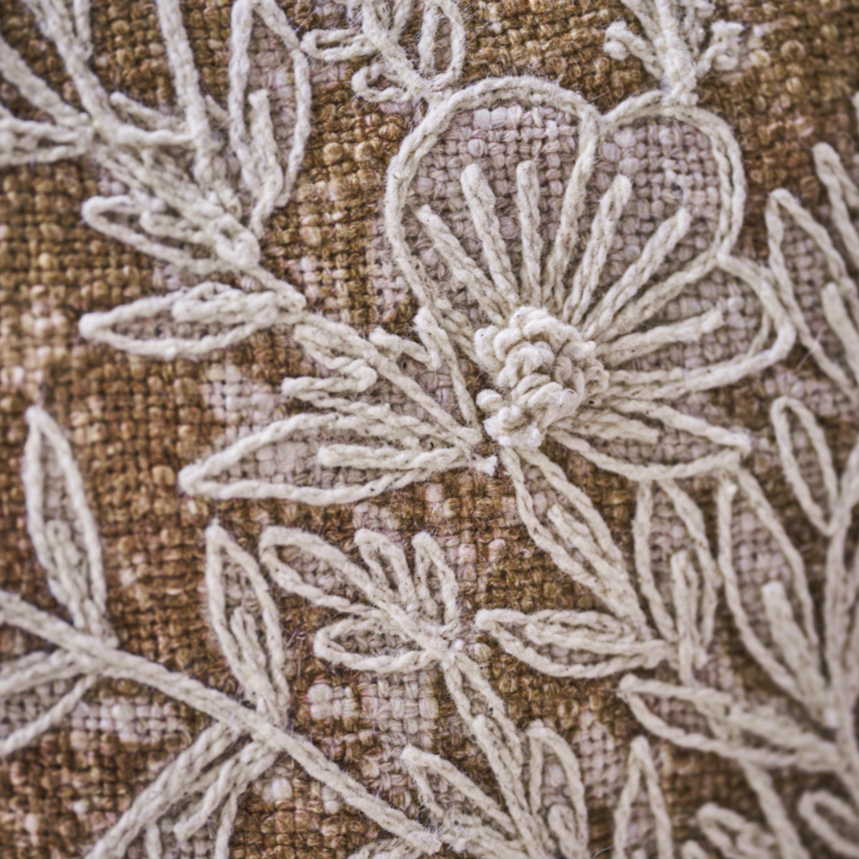 Greige Emboidered Cotton Cushion - Floral Design With Feather Insert