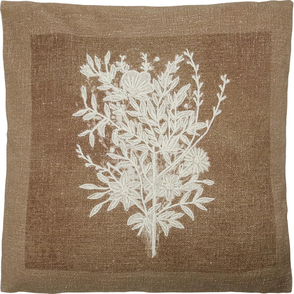 Greige Emboidered Cotton Cushion - Floral Design With Feather Insert