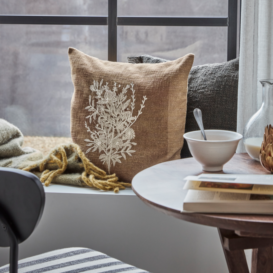 greige Emboidered Cotton Cushion - Floral Design with Feather Insert