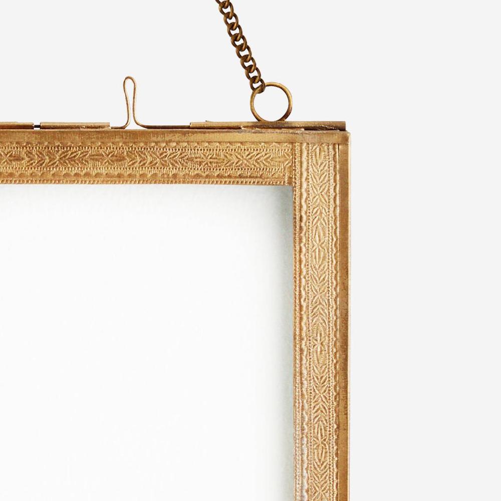 Greige Embossed Antique Brass Hanging Glass Frame - Two Sizes