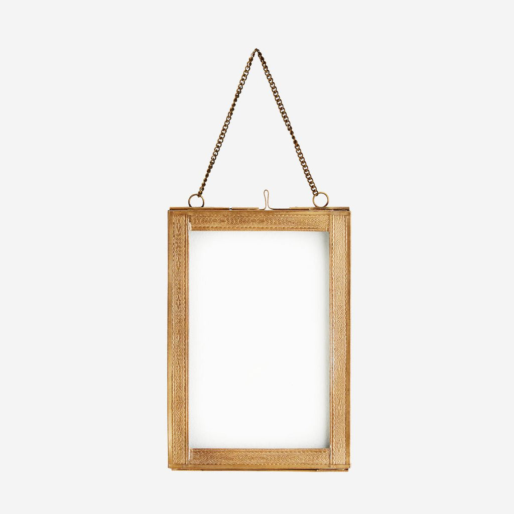 greige Embossed Antique Brass Hanging Glass Frame - Two Sizes