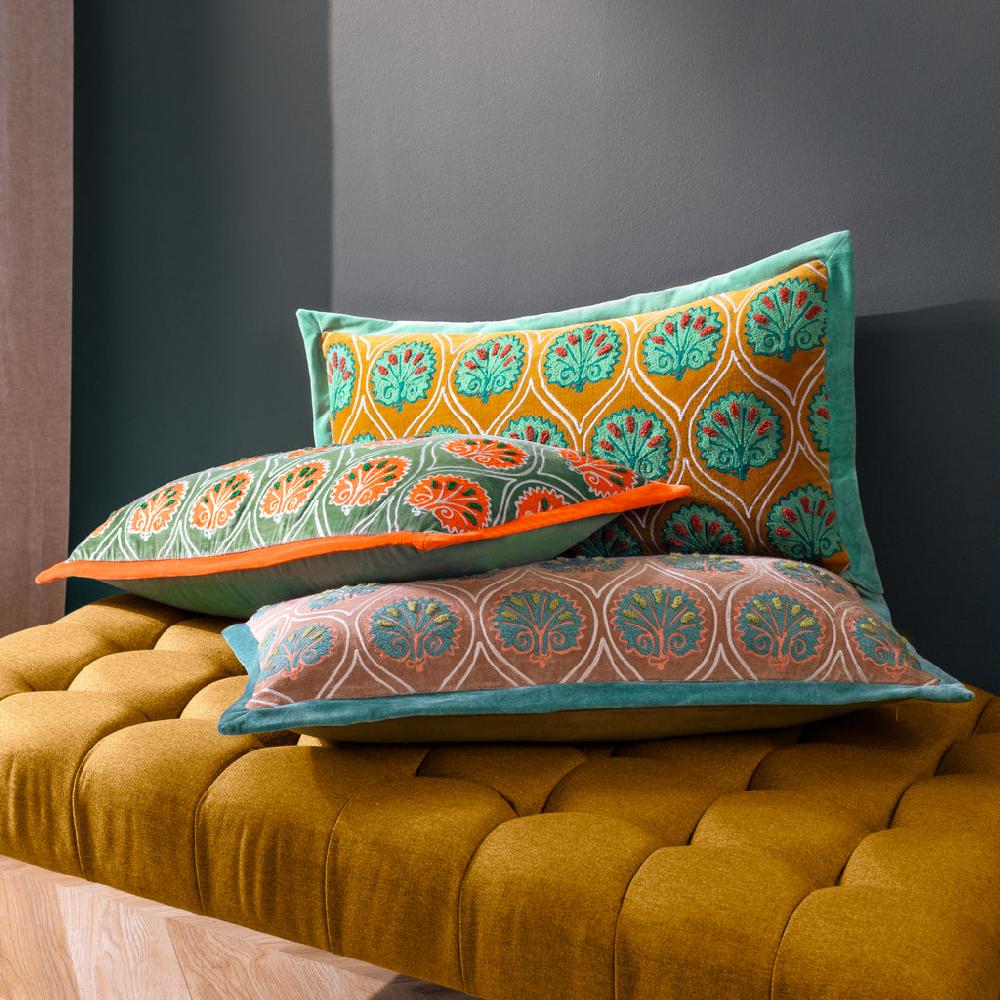 greige Embroidered Velvet Cushion - Frond Design - Various Colours