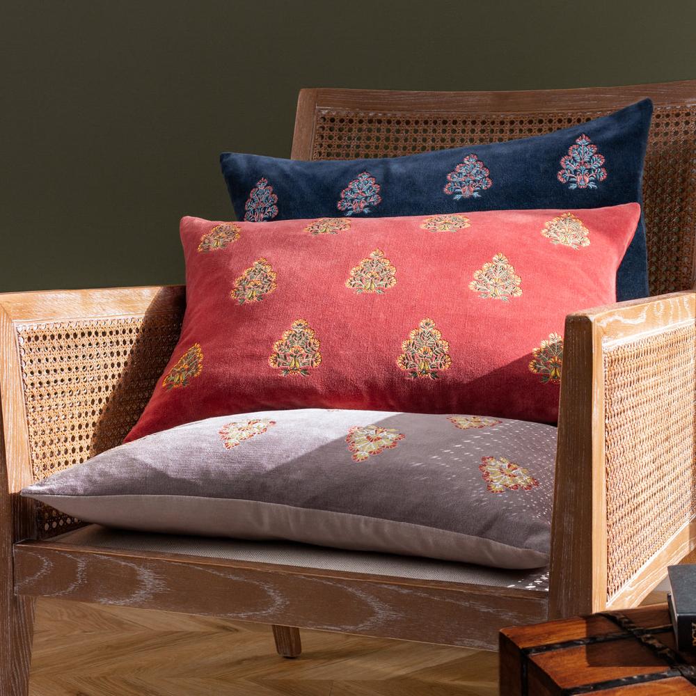 greige Embroidered Velvet Cushion - Tree Design - Rose or Taupe