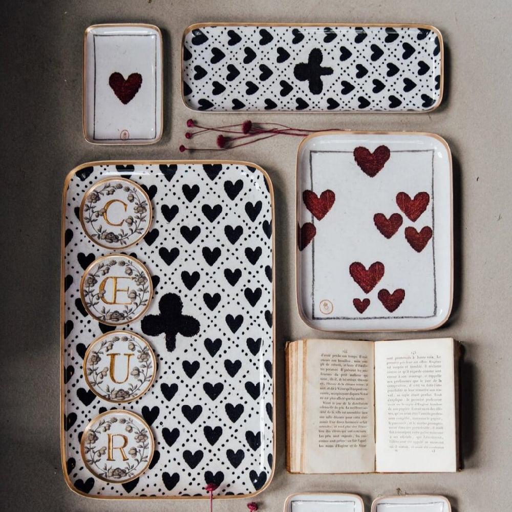 Greige Enamelled Heart Playing Card Tray - Small - Boncoeurs
