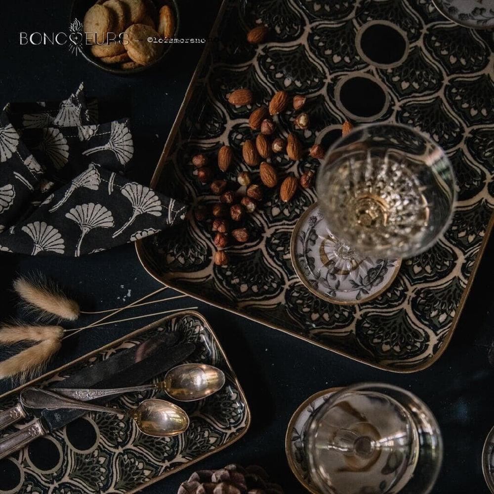 Greige Enamelled Peacock Feathers Tray - Medium - Boncoeurs