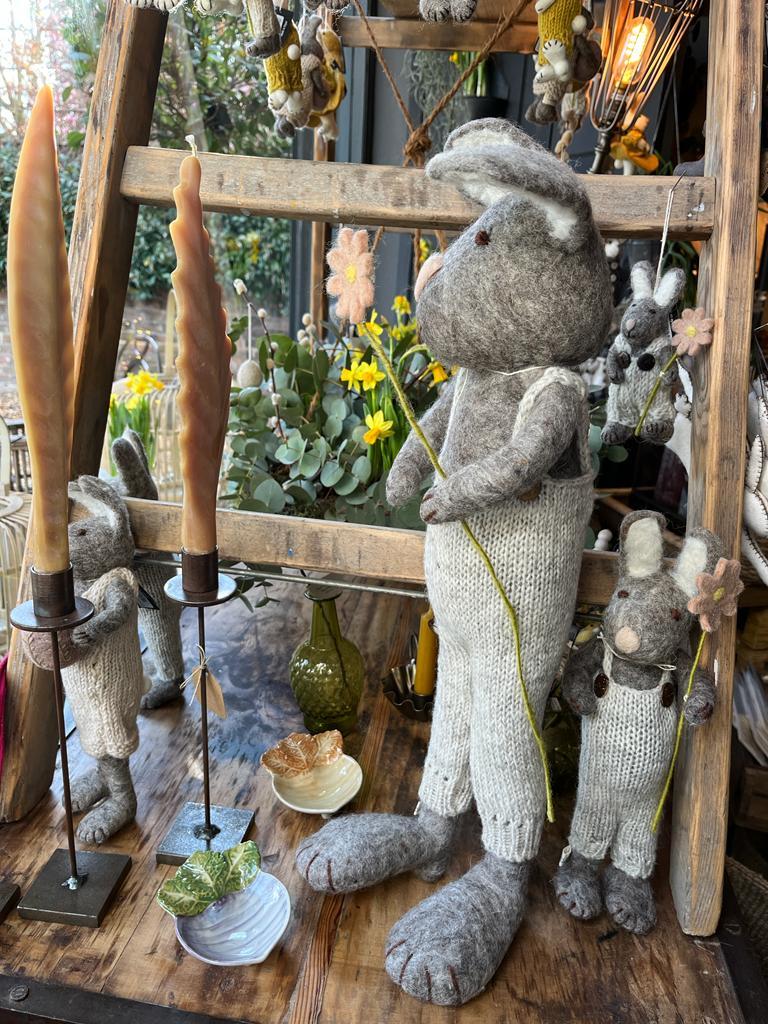 Greige Extra Large Grey Felt Bunny With Dungarees And Flower - 60cm