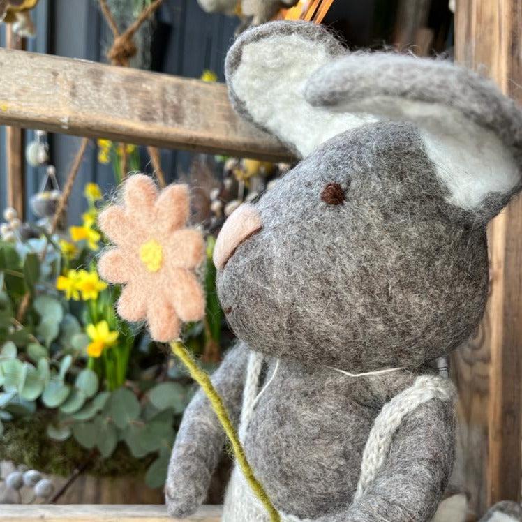 Greige Extra Large Grey Felt Bunny With Dungarees And Flower - 60cm